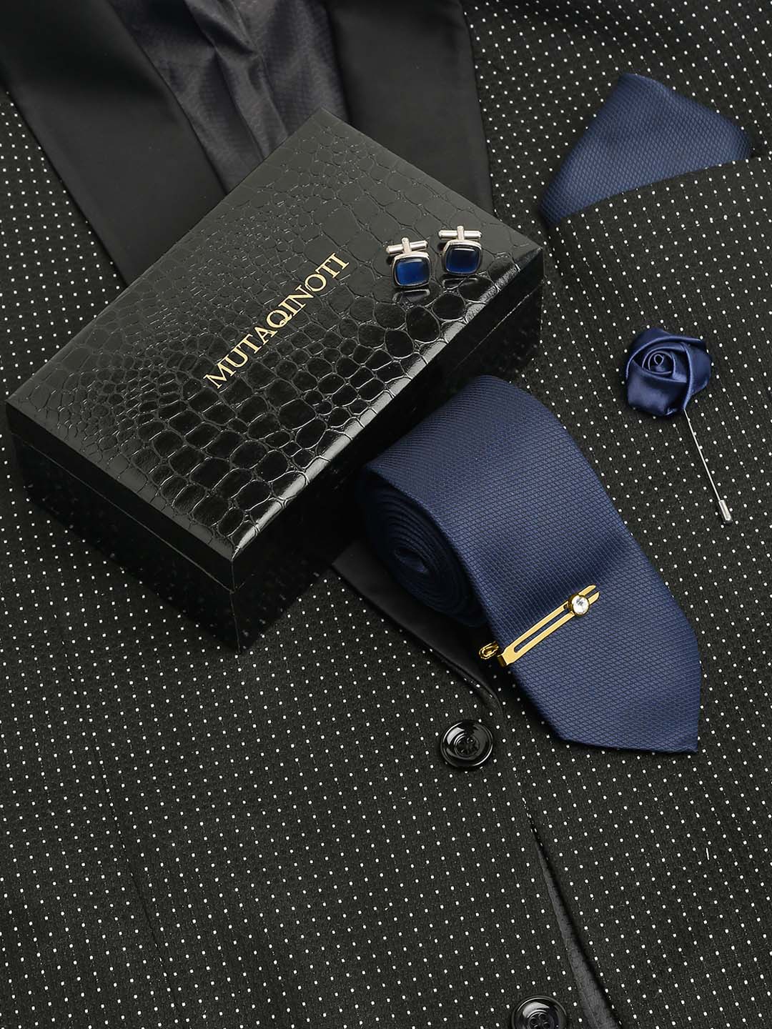 

MUTAQINOTI Men Silk Necktie Accessory Gift Set, Navy blue