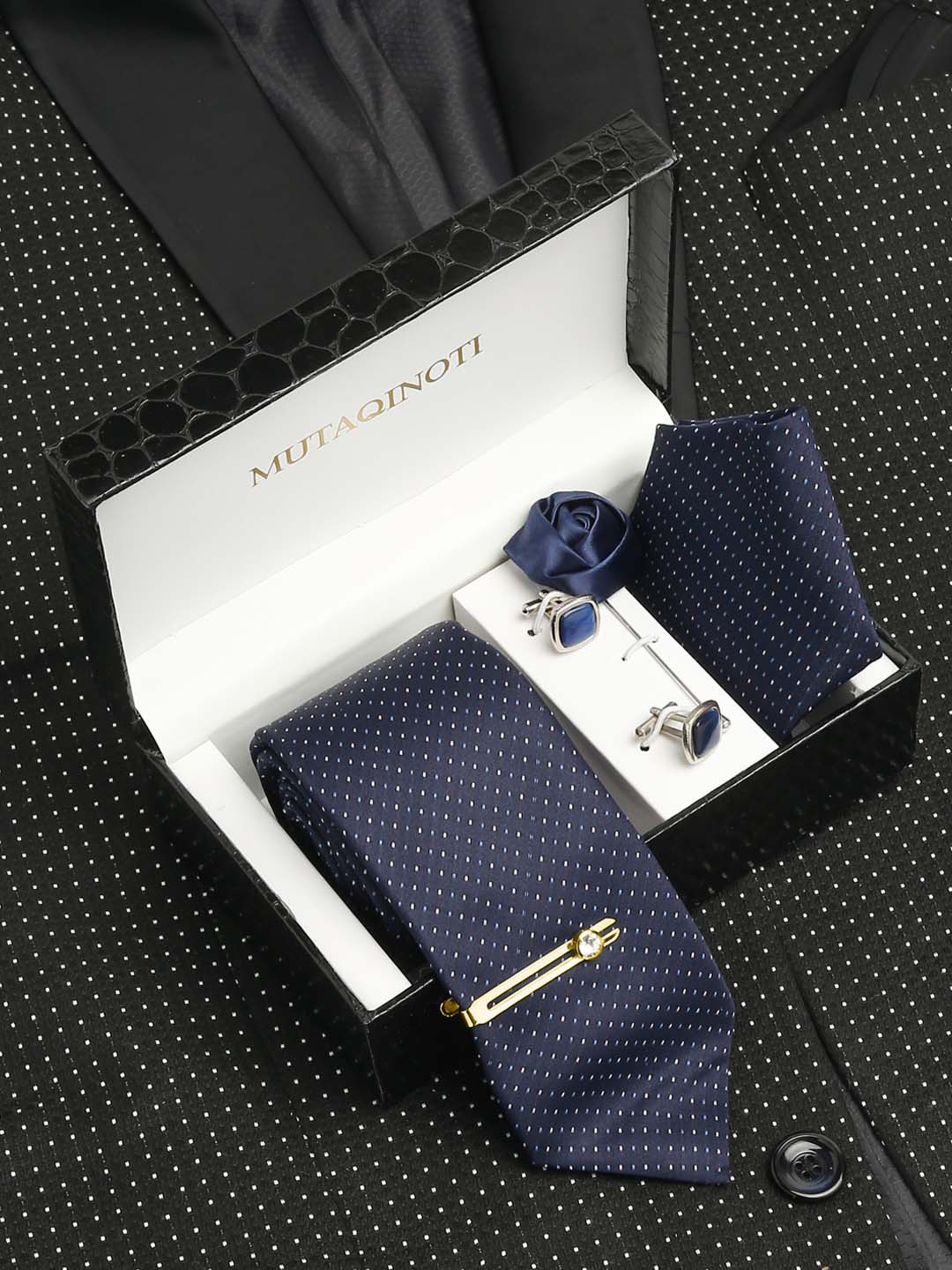 

MUTAQINOTI Men Checkered Blue Silk Necktie Accessory Gift Set, Navy blue