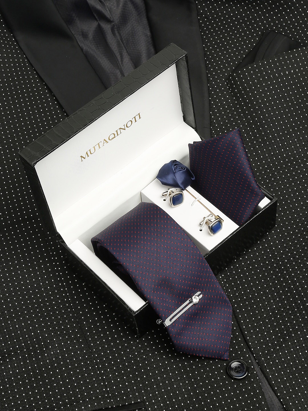 

MUTAQINOTI Men Dotted Silk Necktie Accessory Gift Set, Navy blue