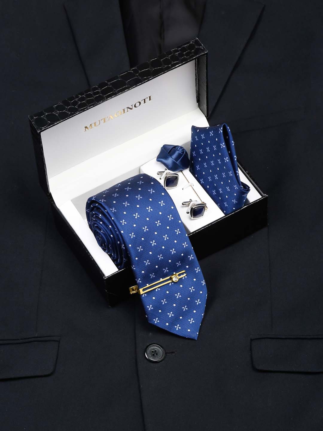 

MUTAQINOTI Men Royal Blue Silk Necktie Accessory Gift Set