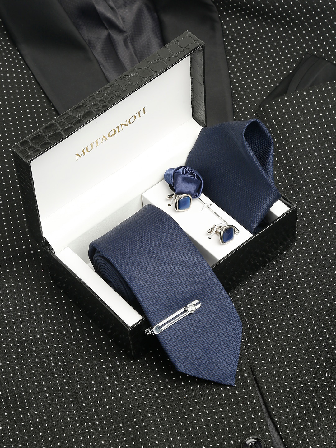 

MUTAQINOTI Men Silk Necktie Accessory Gift Set, Navy blue