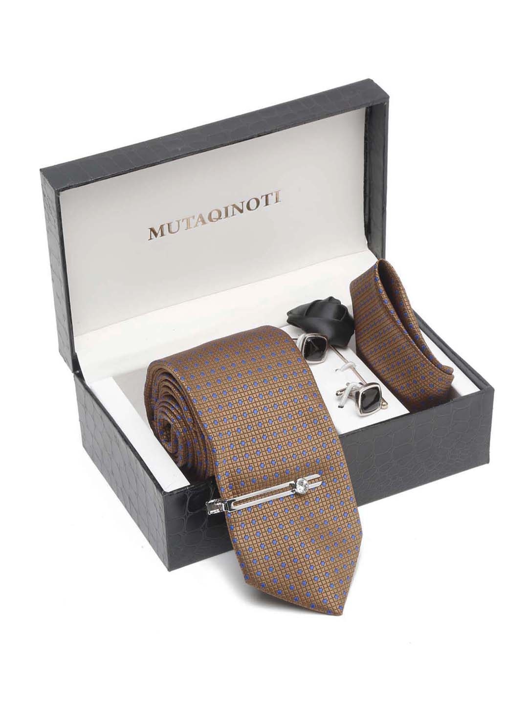 

MUTAQINOTI Men Printed Necktie Accessory Gift Set, Brown