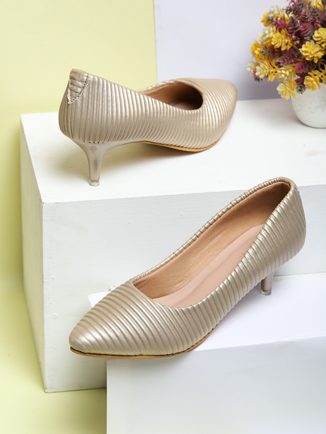 

SHUZ TOUCH Striped Pointed Toe Kitten Heel Pumps, Gold