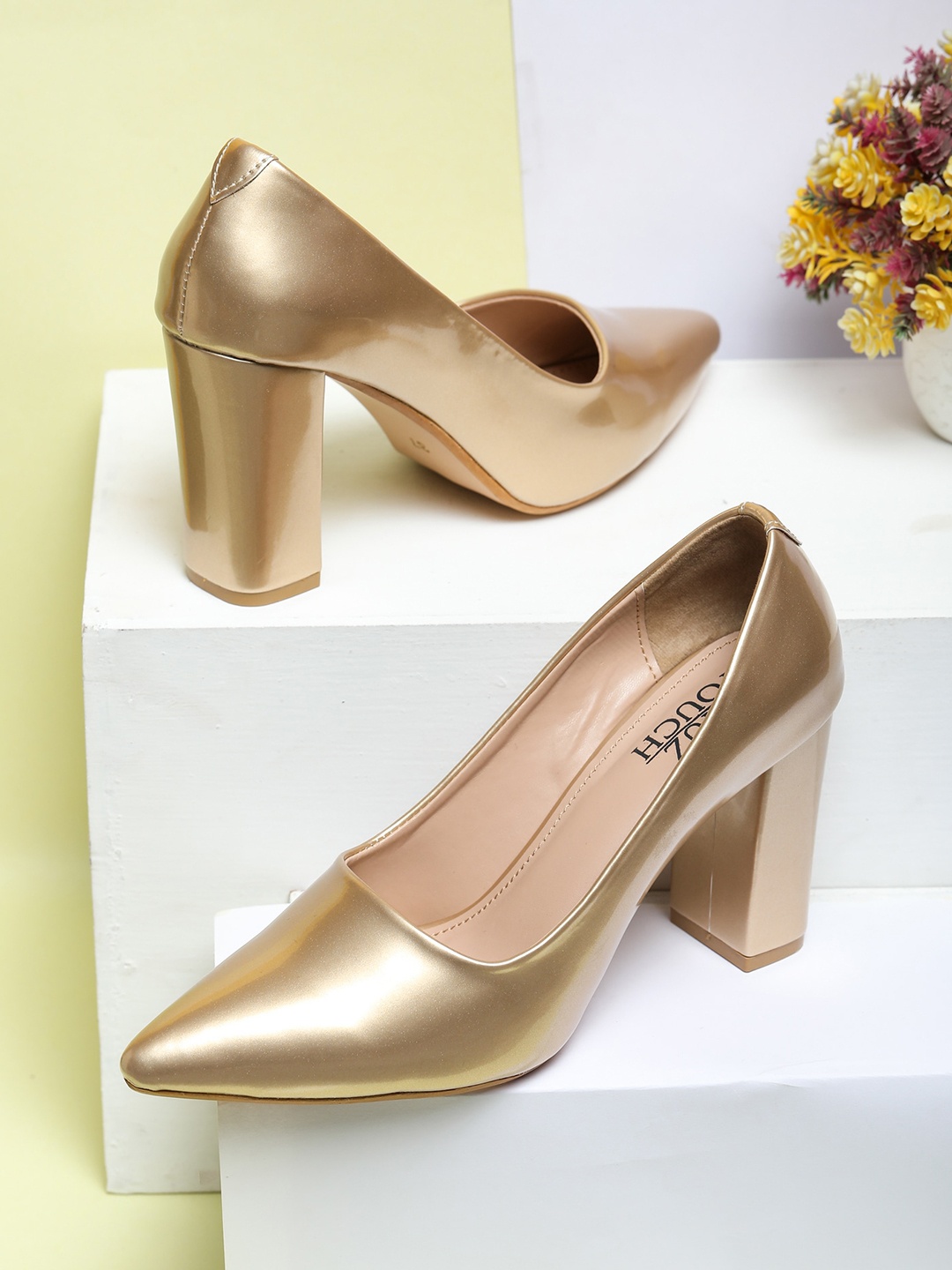 

SHUZ TOUCH Pointed Toe Block Heel Pumps, Gold