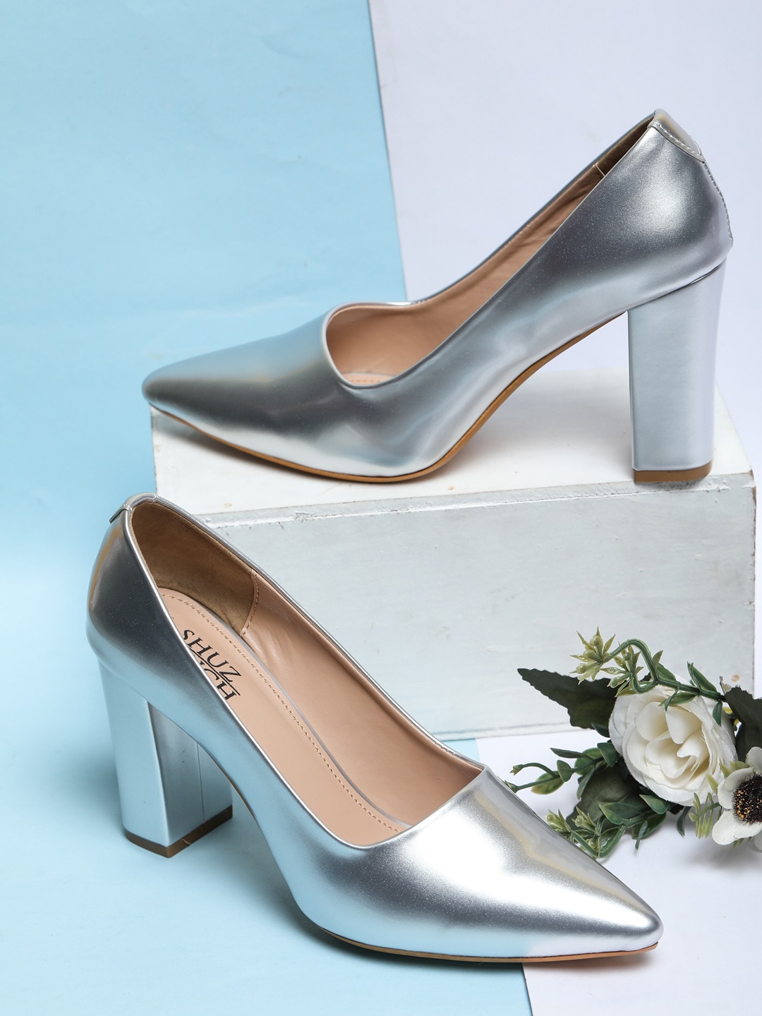 

SHUZ TOUCH Pointed Toe Block Pumps, Silver