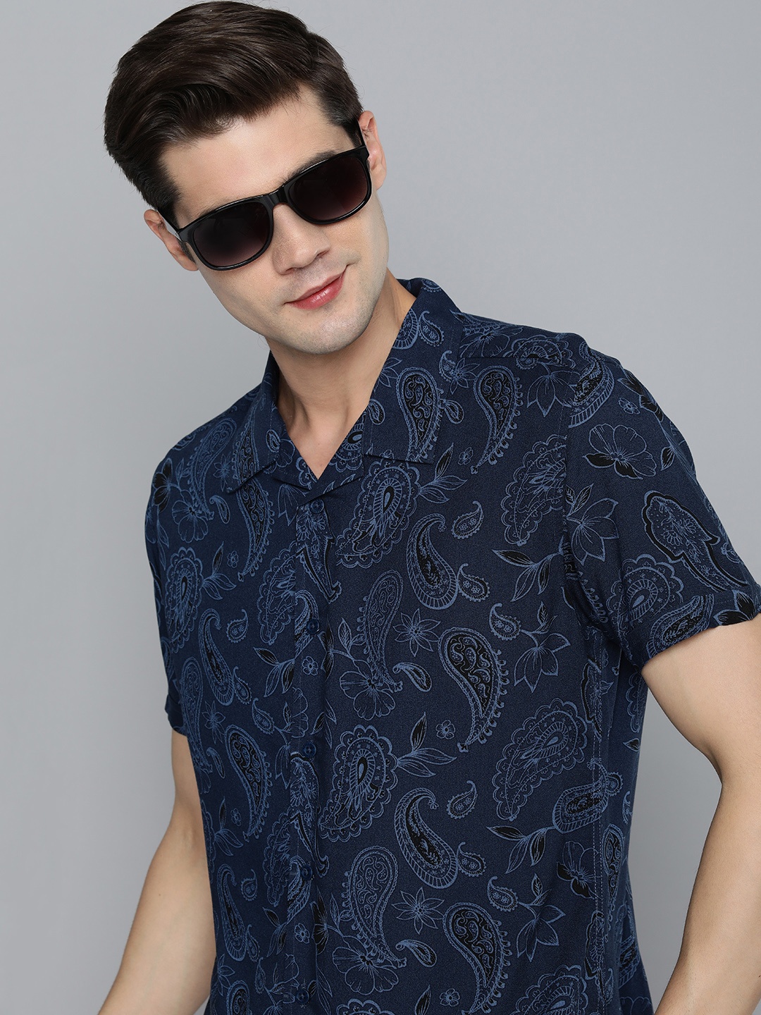 

HERE&NOW Slim Fit Opaque Printed Casual Shirt, Navy blue