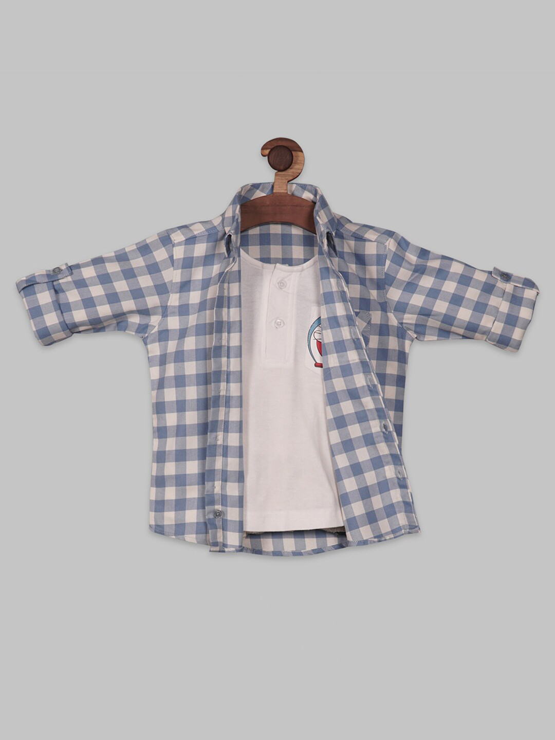 

RIKIDOOS Boys Doraemon Printed & Checked Contemporary Cotton Shirt With Attached T-Shirt, Blue