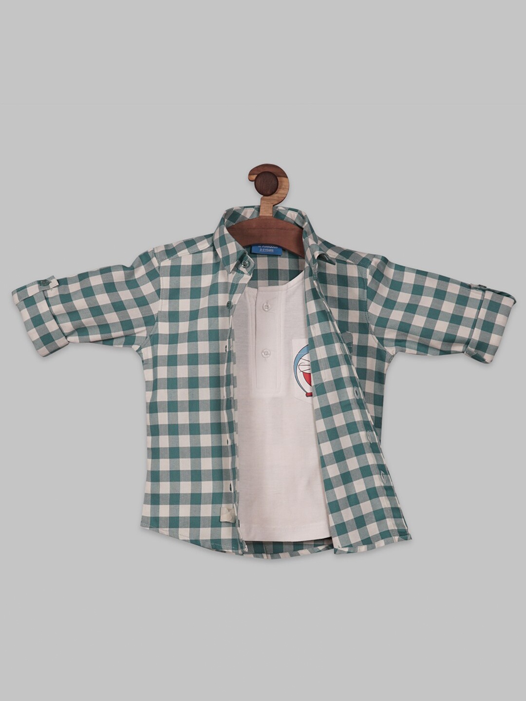 

RIKIDOOS Boys Contemporary Gingham Checked Cotton Casual Shirt with attached t-shirt, Teal