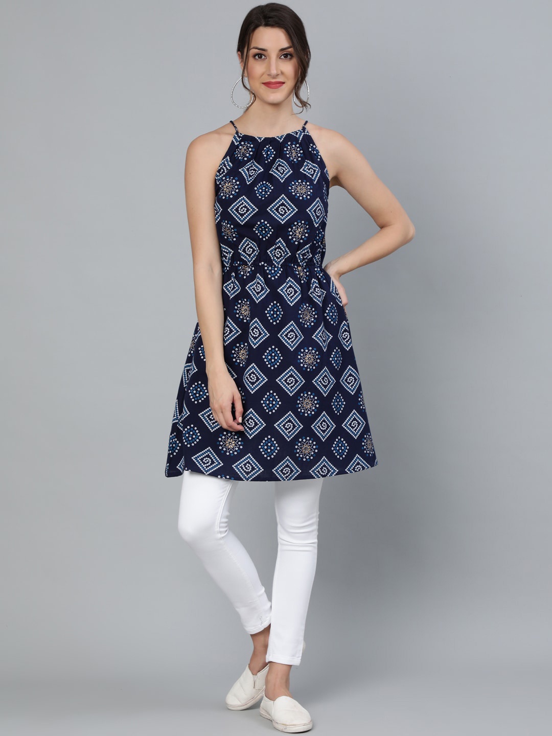 

AASI - HOUSE OF NAYO Sleeveless Ethnic Motifs Printed A-Line Cotton Kurta, Blue