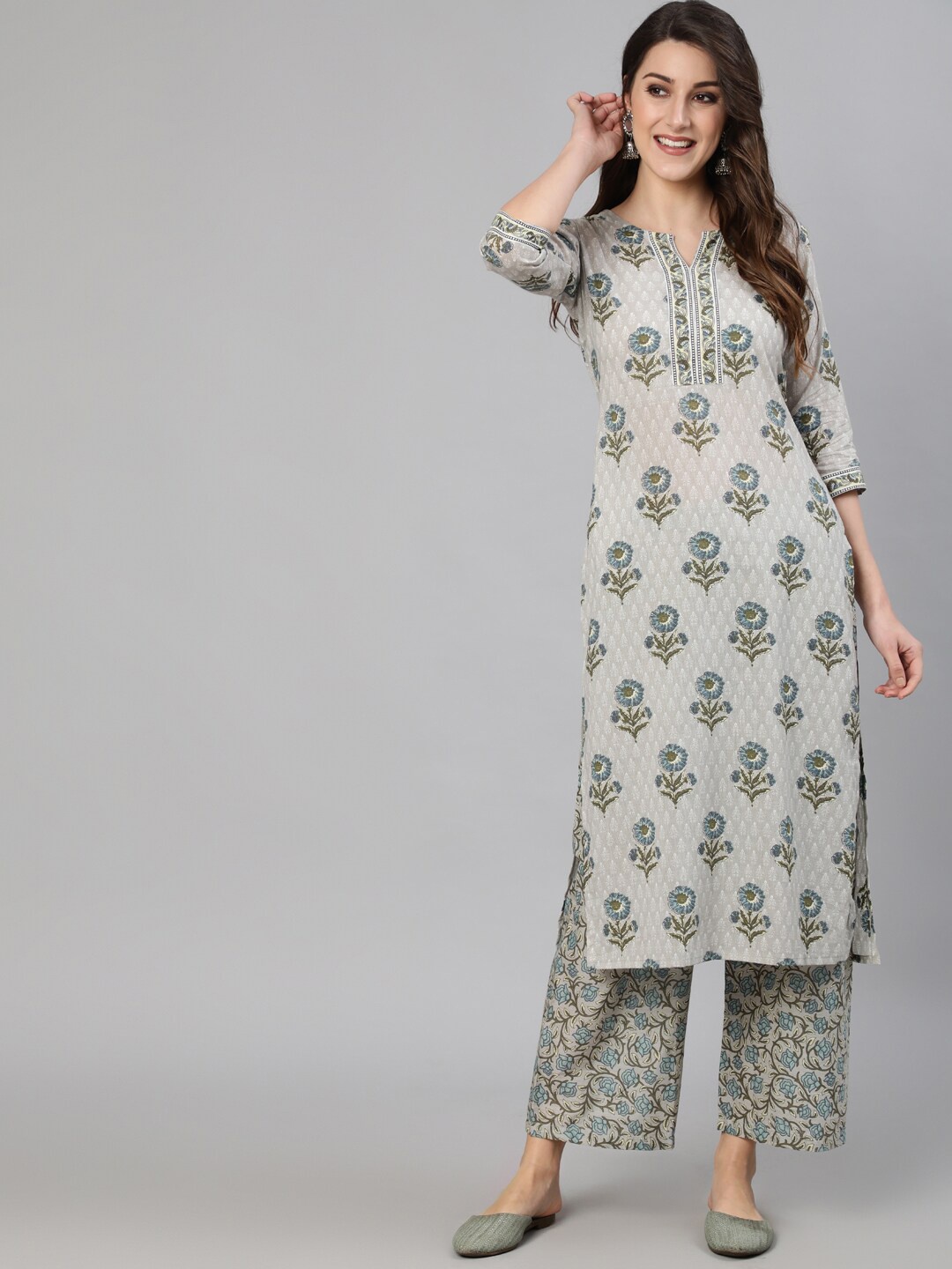 

AASI - HOUSE OF NAYO Floral Printed Screen Print Notched Neck Pure Cotton Kurta, Grey