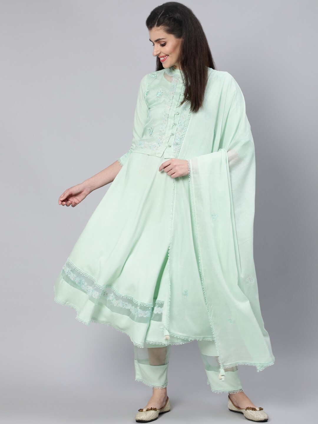 

AASI - HOUSE OF NAYO Floral Embroidered Anarkali Kurta with Palazzos, Dupatta & Jacket, Green