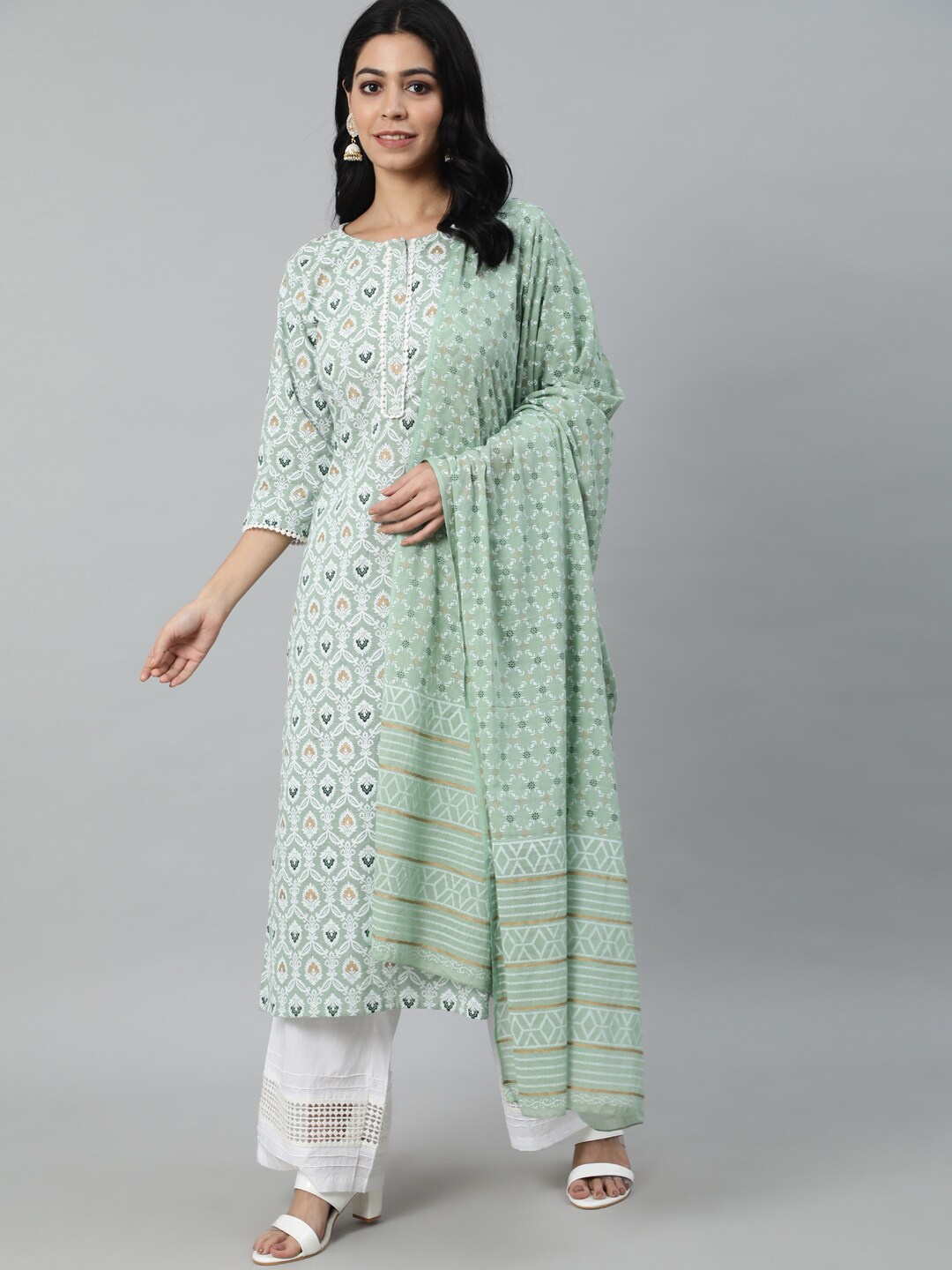 

AASI - HOUSE OF NAYO Ethnic Motifs Printed Pure Cotton Kurta with Palazzos & Dupatta, Green