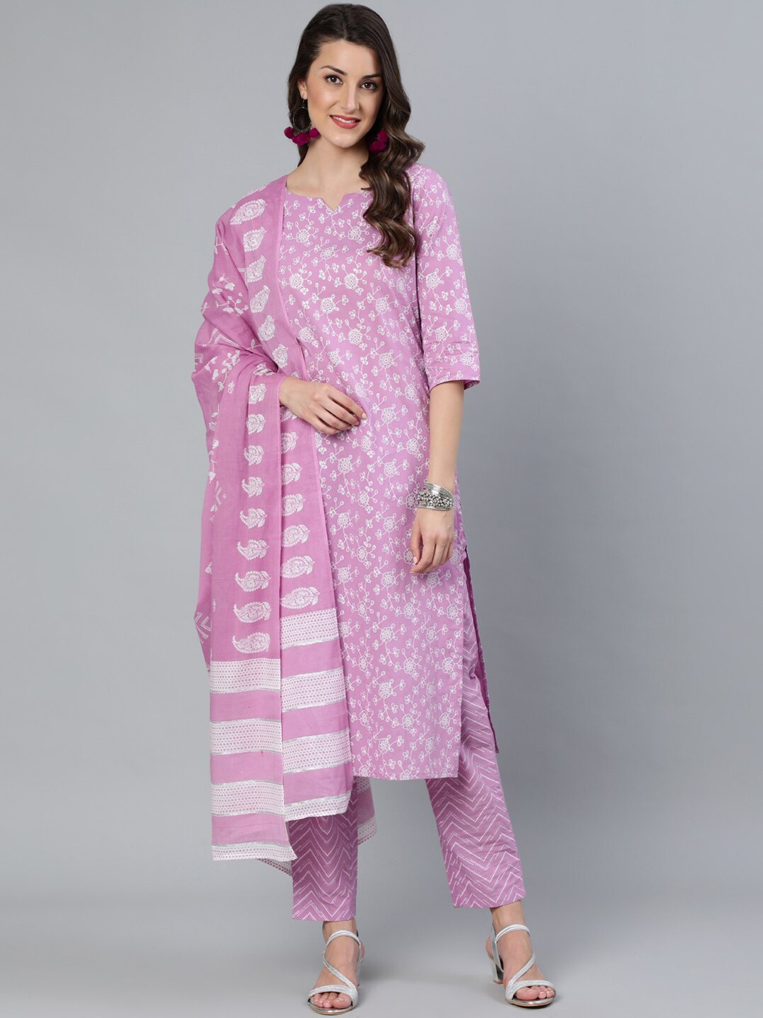 

AASI - HOUSE OF NAYO Floral Printed Pure Cotton Kurta with Trousers & Dupatta, Lavender