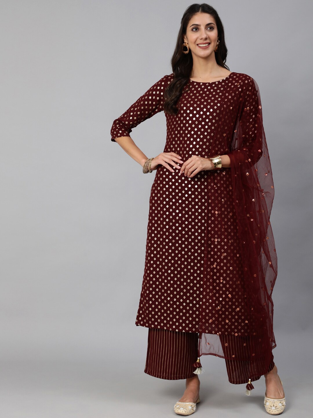

AASI - HOUSE OF NAYO Ethnic Motifs Printed Foil Regular Kurta with Palazzos & Dupatta, Maroon