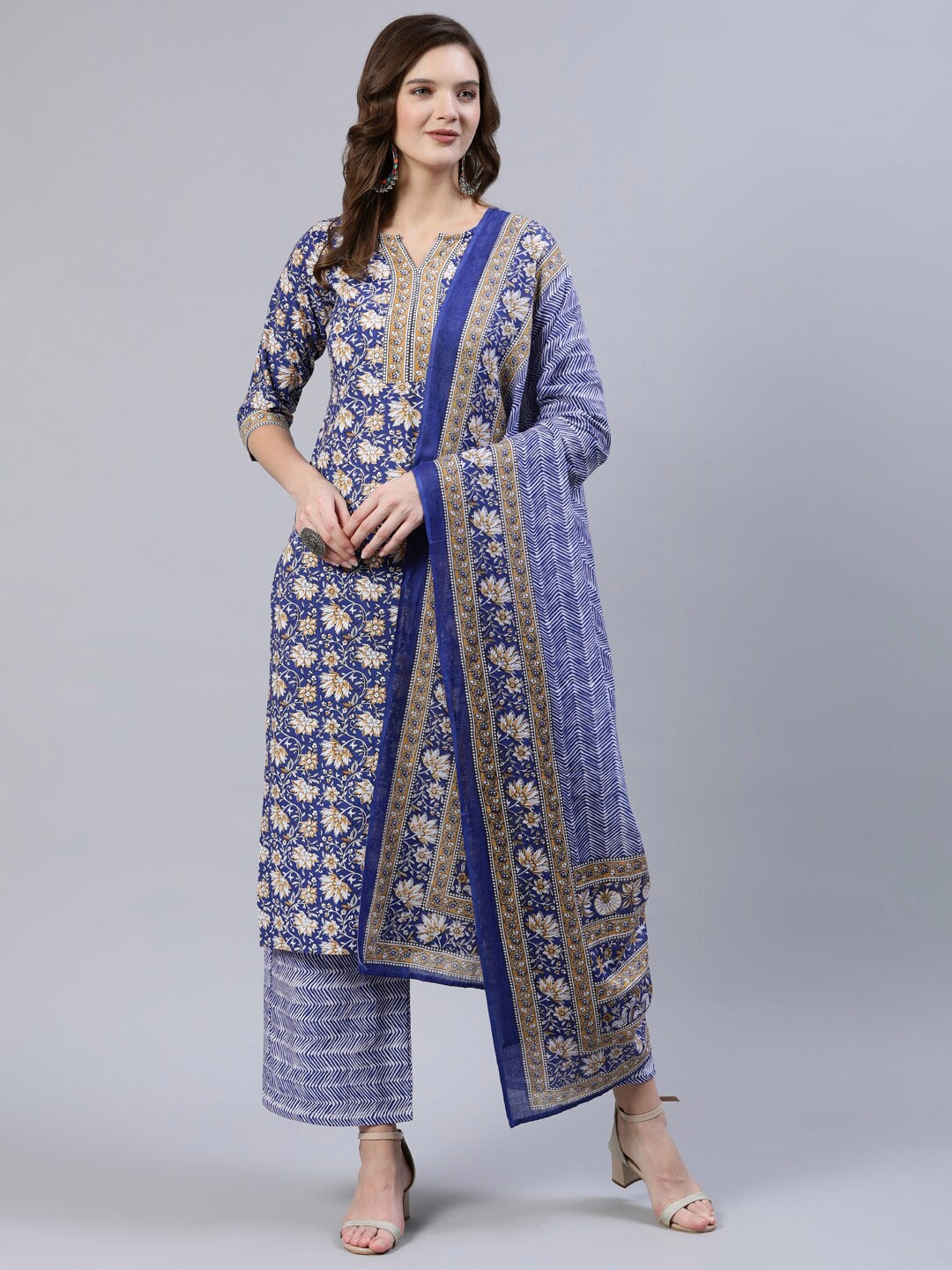 

AASI - HOUSE OF NAYO Floral Printed Pure Cotton Kurta with Palazzos & Dupatta, Blue