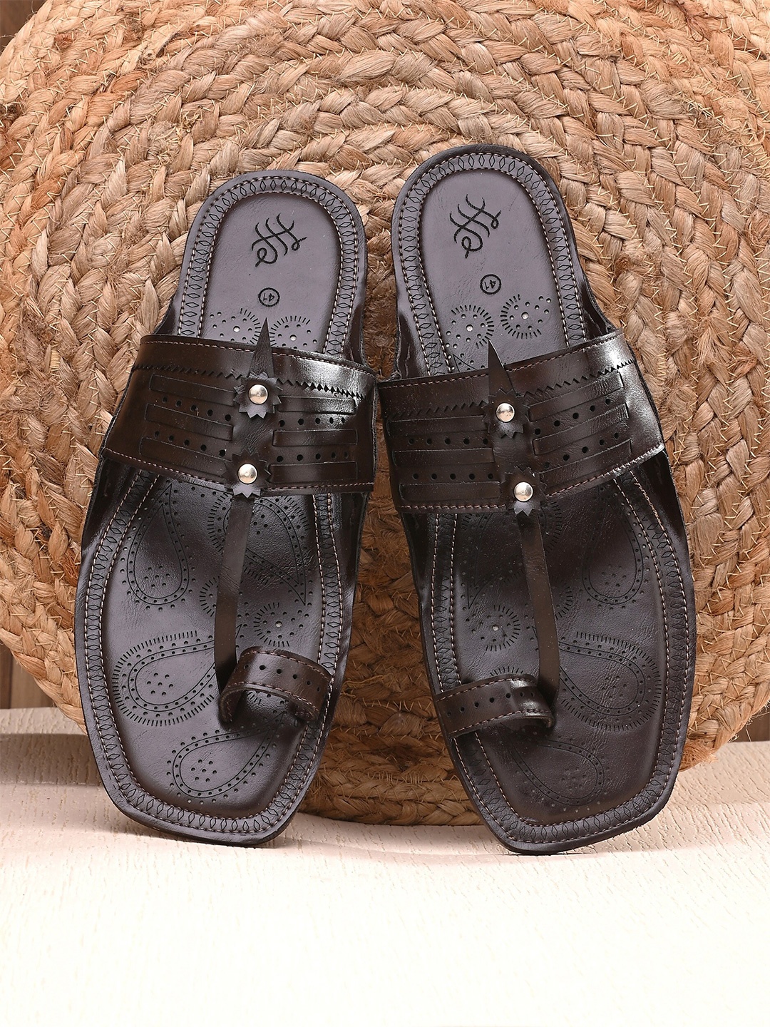 

House of Pataudi Men Synthetic Leather Slip-On Sandals, Brown