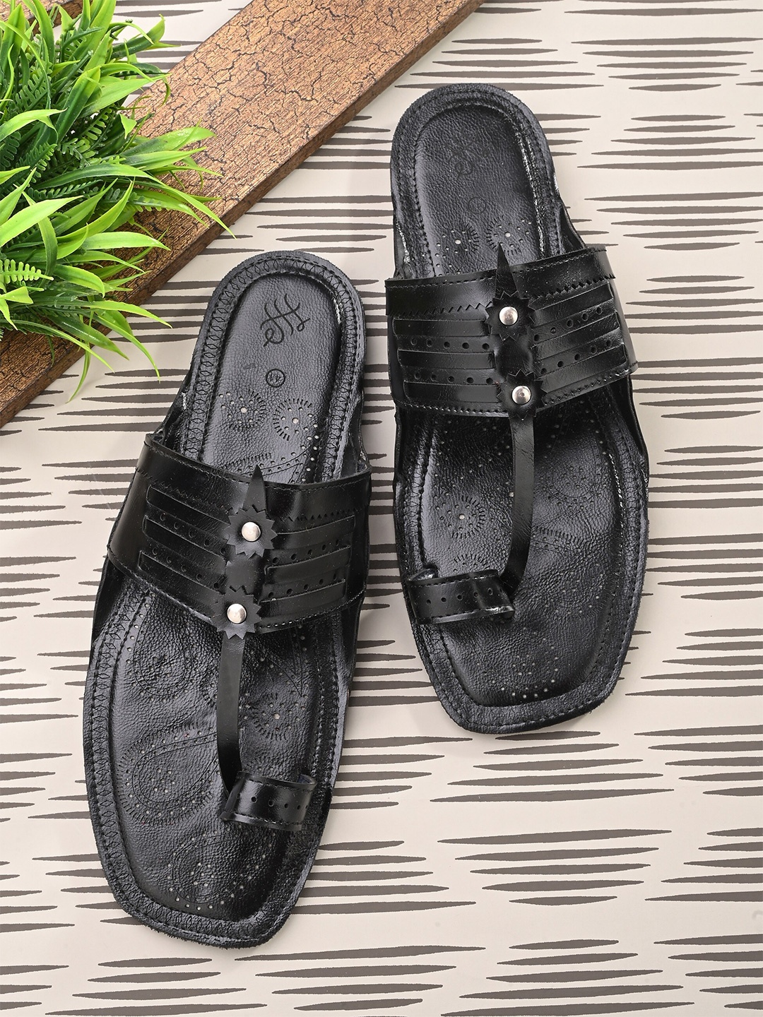 

House of Pataudi Men Synthetic Leather Slip-On Sandals, Black