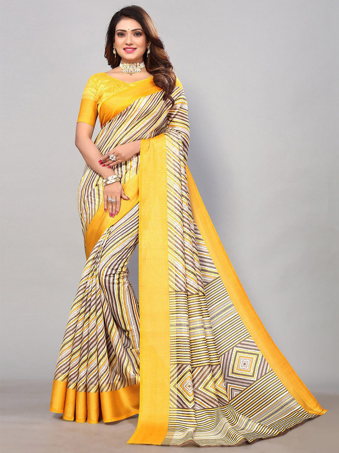 

KALINI Striped Printed Poly Cotton Zari Saree, Yellow