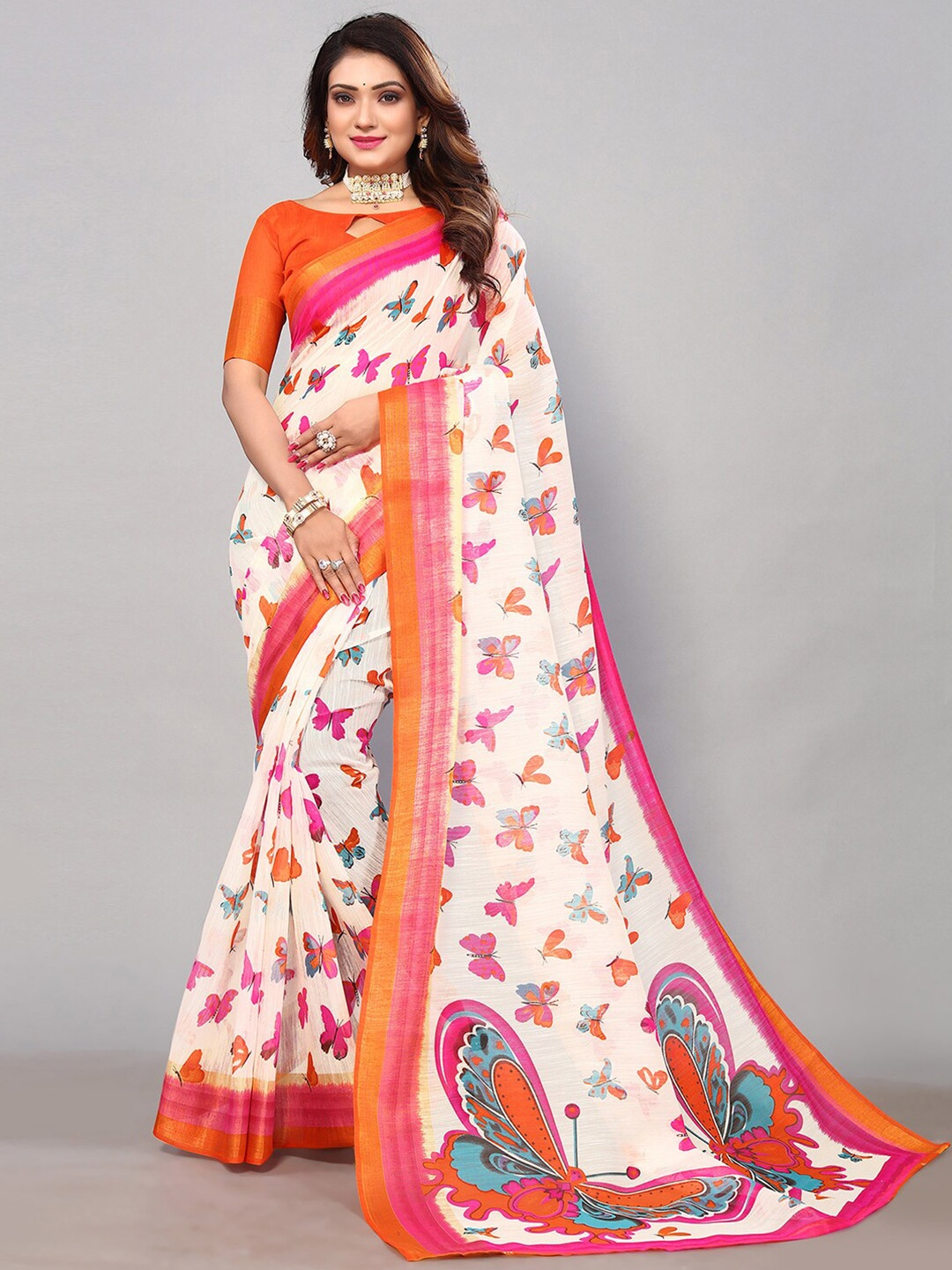 

KALINI Screen Printed Zari Polycotton Saree, White