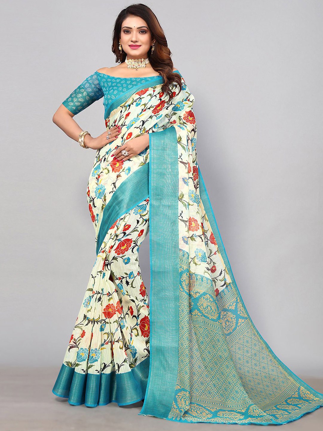 

KALINI Floral Printed Zari Saree, Cream