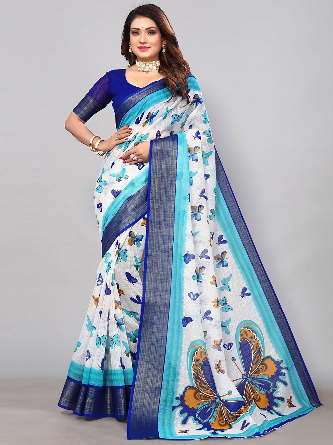 

KALINI Abstract Printed Zari Saree, White
