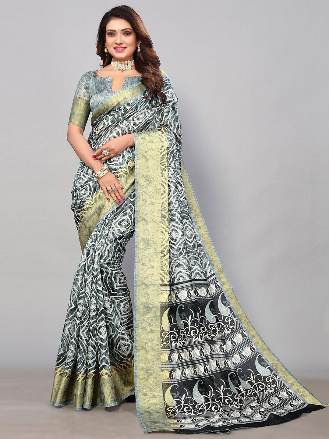 

KALINI Abstract Printed Zari Saree, Grey