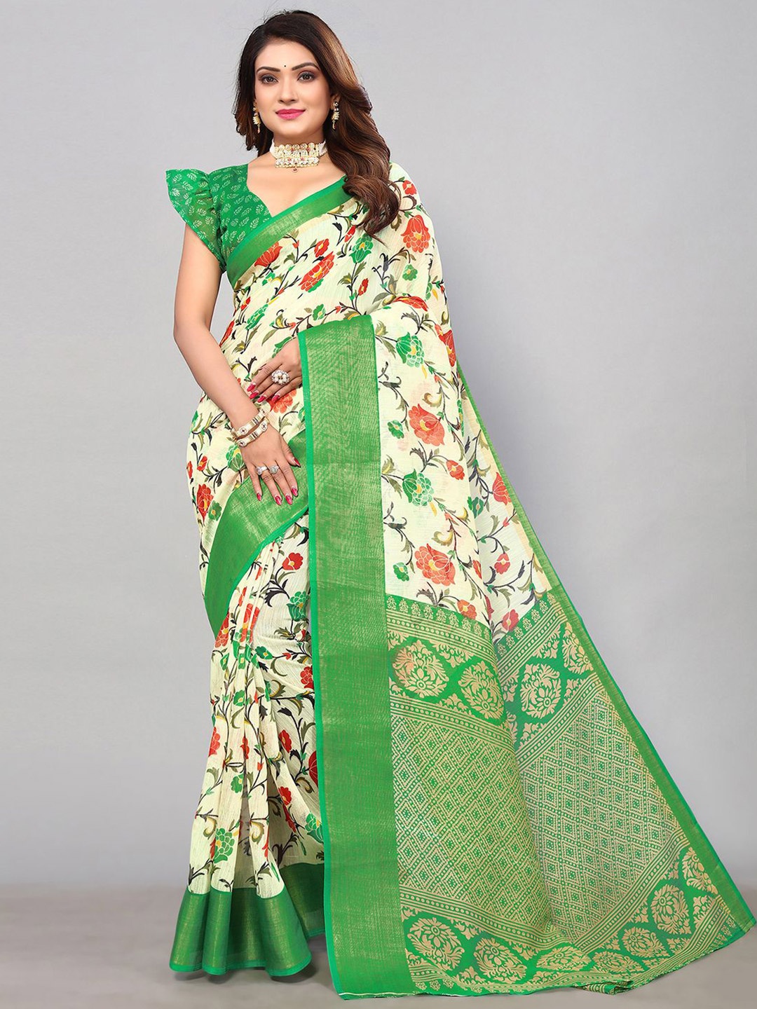

KALINI Floral Printed Zari Saree, Green