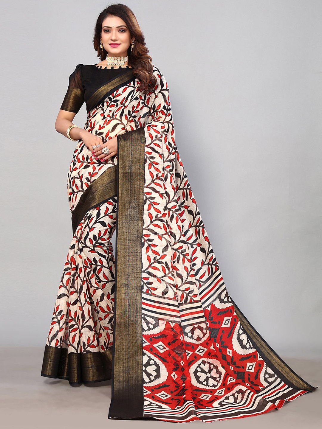 

KALINI Floral Printed Zari Saree, Cream