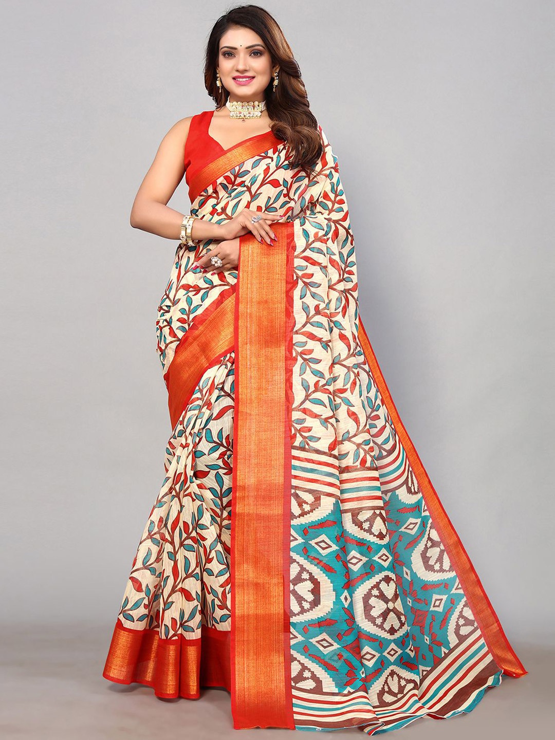 

KALINI Floral Printed Zari Saree, Orange
