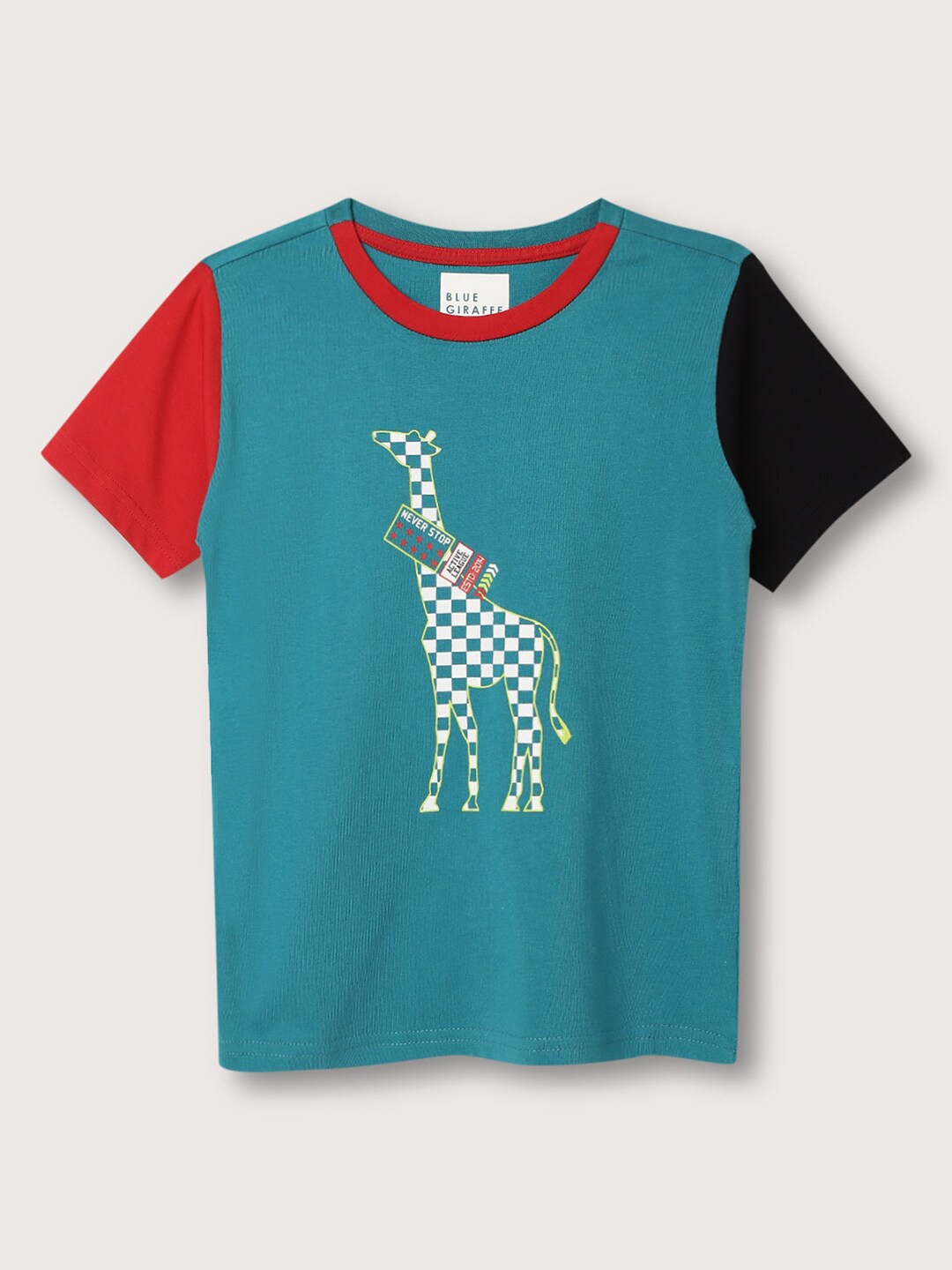 

Blue Giraffe Boys Giraffe Printed Cap Sleeve Pure Cotton T-shirt, Teal