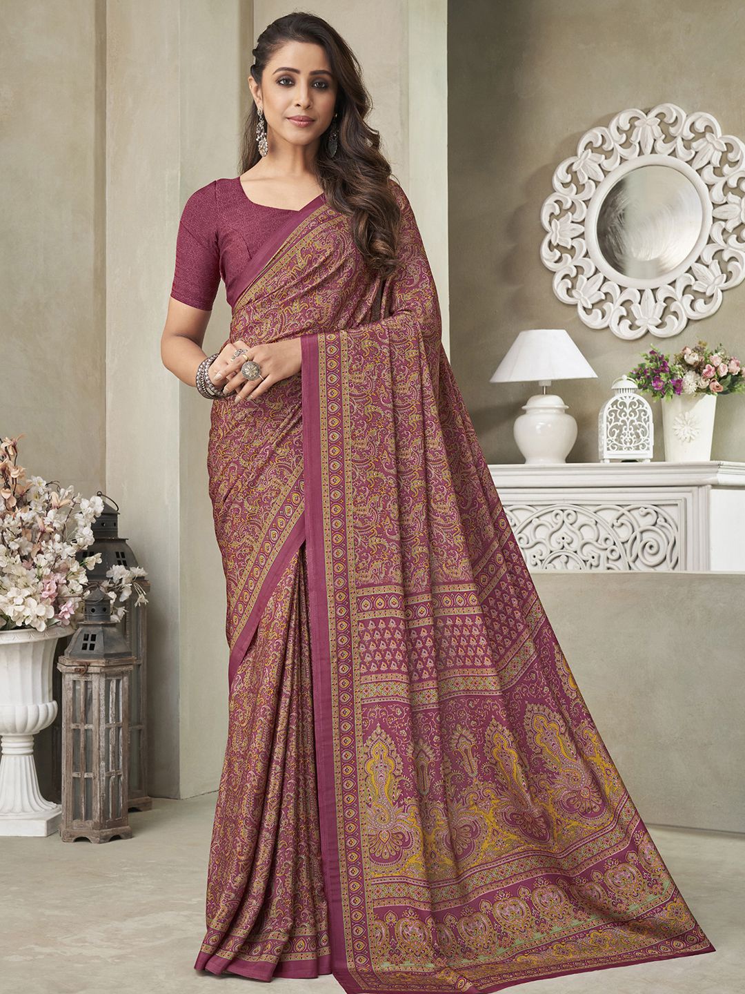 

Satrani Ethnic Motifs Silk Blend Saree, Pink