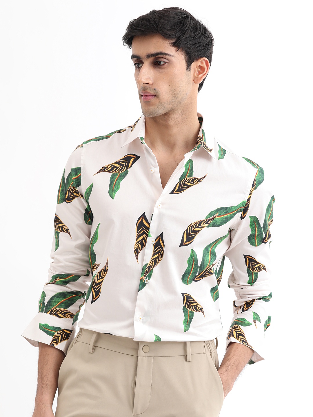 

RARE RABBIT Men Lafey Slim Fit Opaque Printed Cotton Shirt, Off white