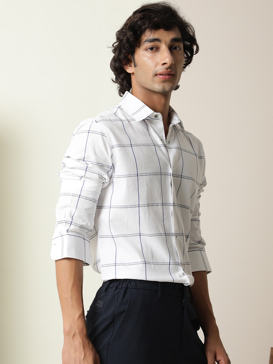 

RARE RABBIT Men Helge Slim Fit Windowpane Check Cotton Shirt, White
