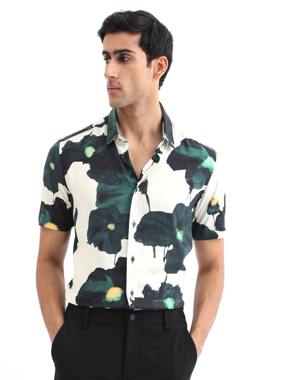 

RARE RABBIT Men Jersey Printed Slim Fit Opaque Cotton Shirt, White
