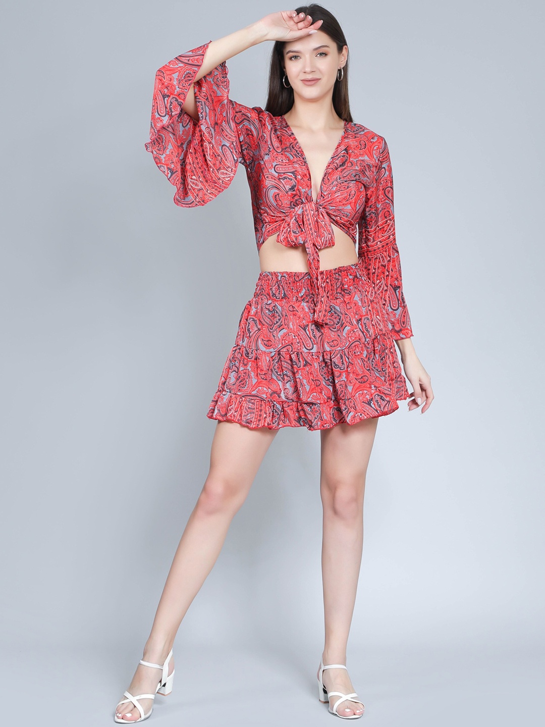 

Aditi Wasan Printed Relaxed Fit Top & Skirt Co-Ords, Red