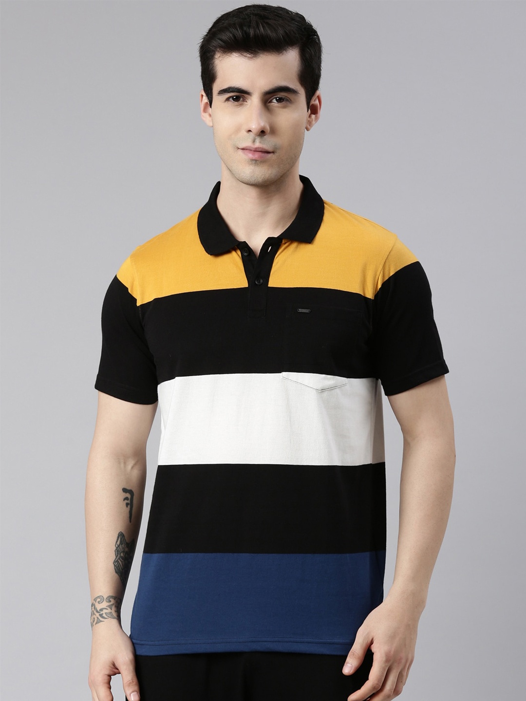 

Proline Men Colourblocked Cotton Polo Collar Pockets T-shirt, Black