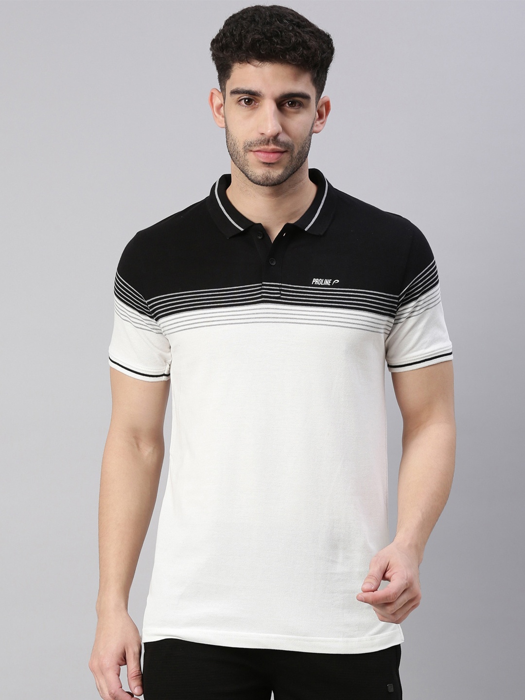 

Proline Striped Polo Collar Cotton T-shirt, Off white