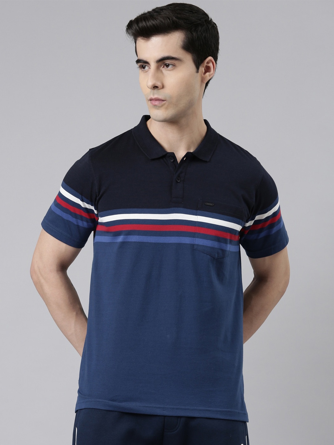 

Proline Striped Polo Collar Cotton T-shirt, Navy blue