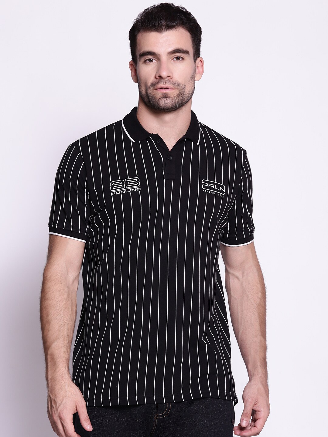 

Proline Striped Polo Collar Cotton T-shirt, Black