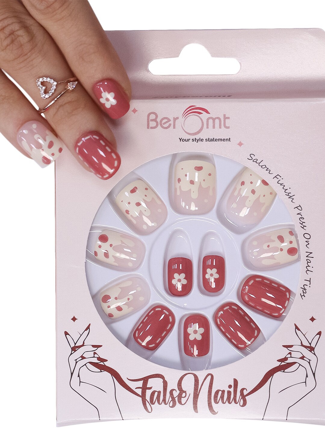 

BEROMT 12Pc Casual Long-Lasting Salon Finish Press on False Nails Kit - Shade 653, Maroon