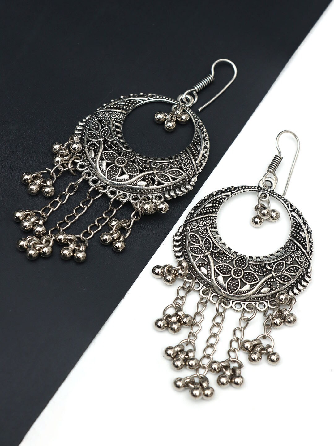 

Ozanoo Silver-Plated Oxidised Classic Chandbalis Earrings