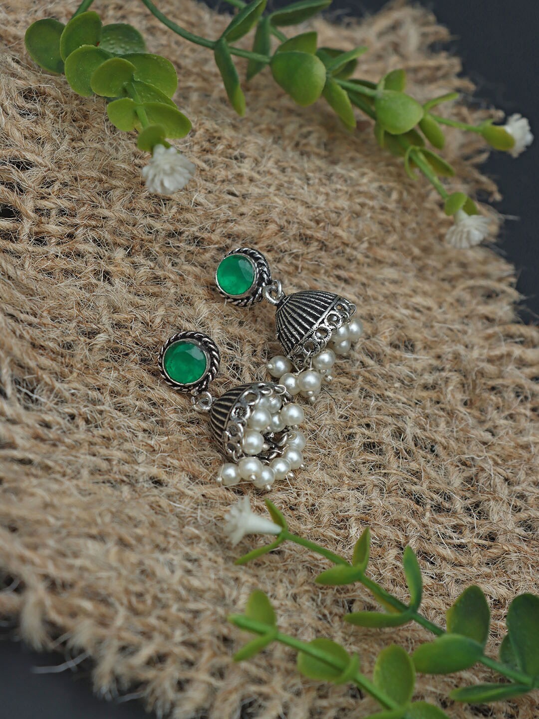 

Ozanoo Silver-Plated Artificial Stones and Beads Classic Jhumkas Earrings, Green