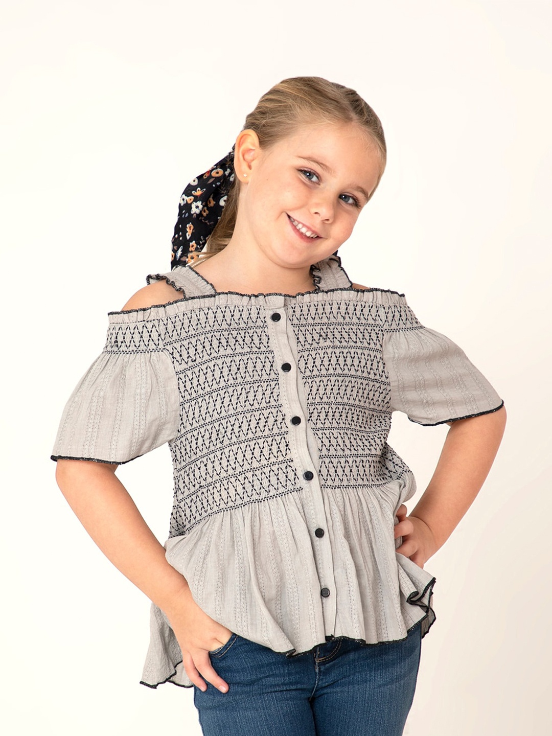 

Cherry Crumble Geometric Embroidered Cold-Shoulder Sleeves Smocked Cotton Shirt Style Top, Grey