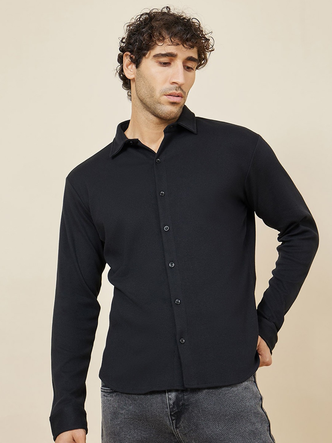 

Styli Enriched Cotton Knitted Long Sleeves Shirt, Black
