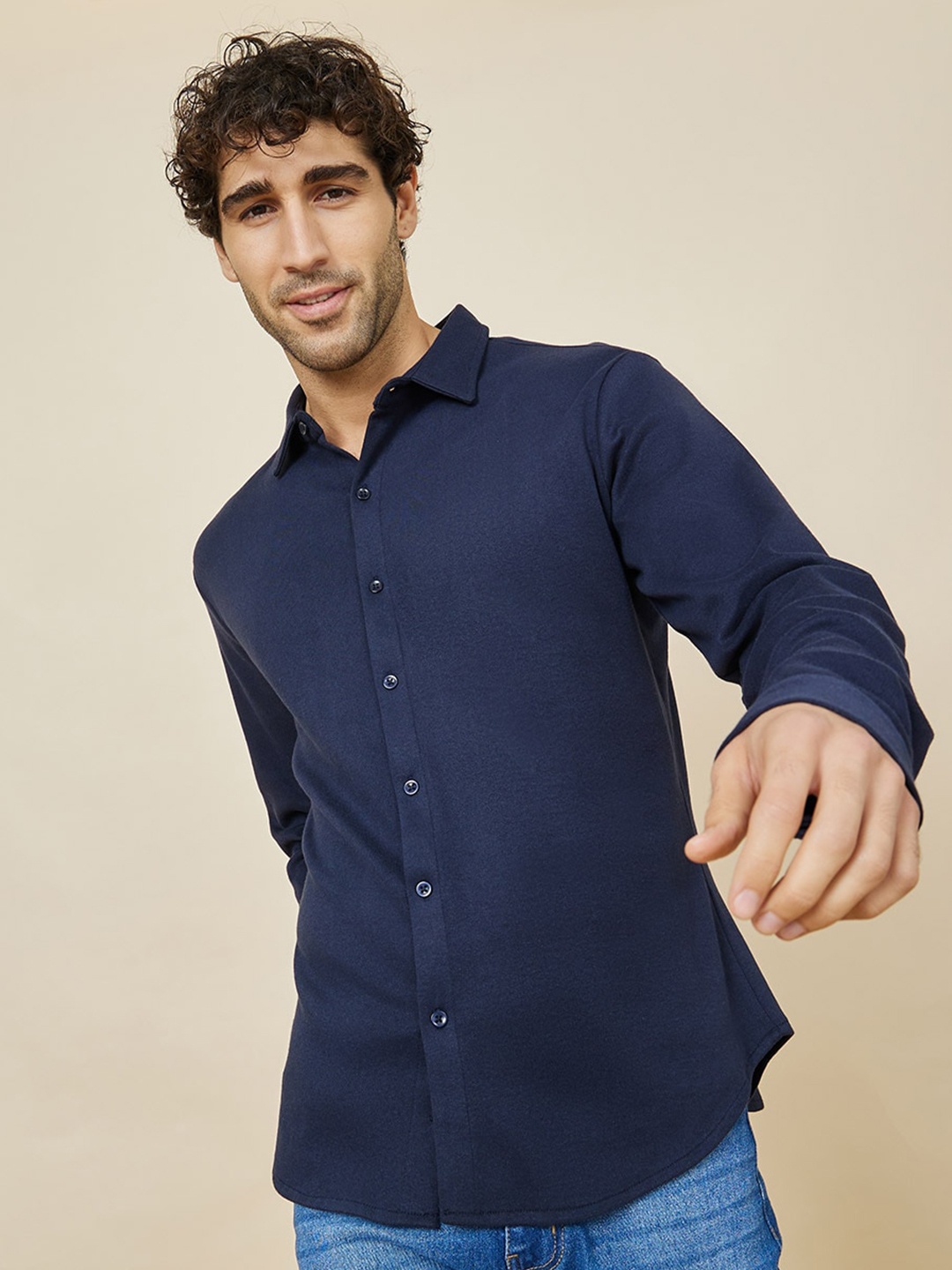 

Styli Tailored Fit Knitted Cotton Casual Shirt, Navy blue