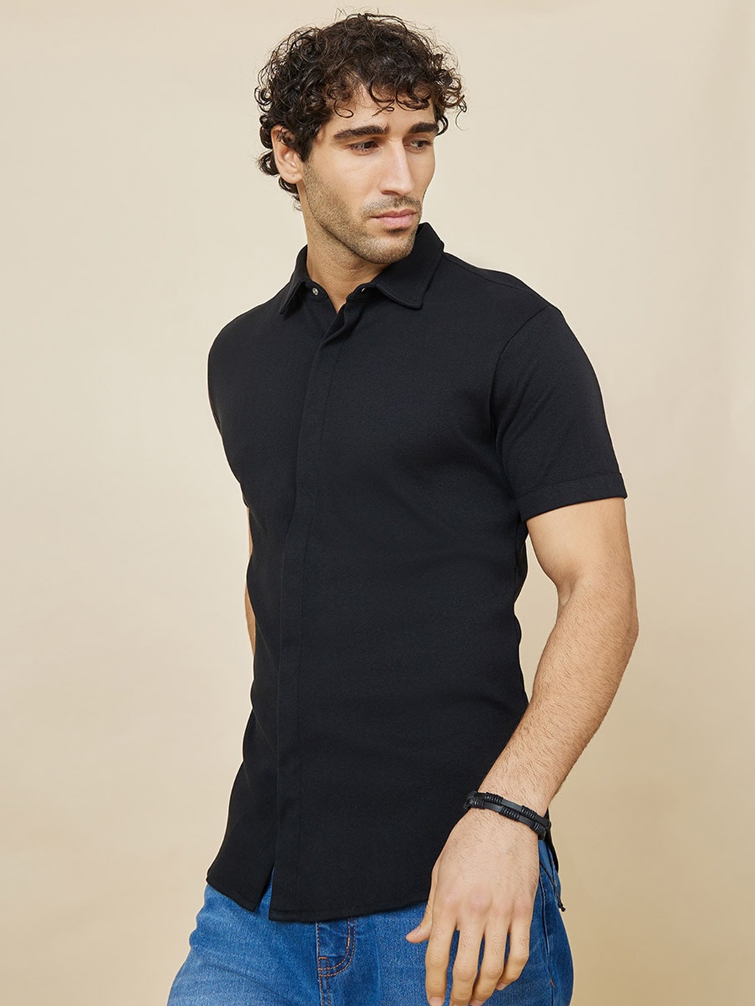 

Styli Slim Fit Flap Placket Knitted Cotton Casual Shirt, Black