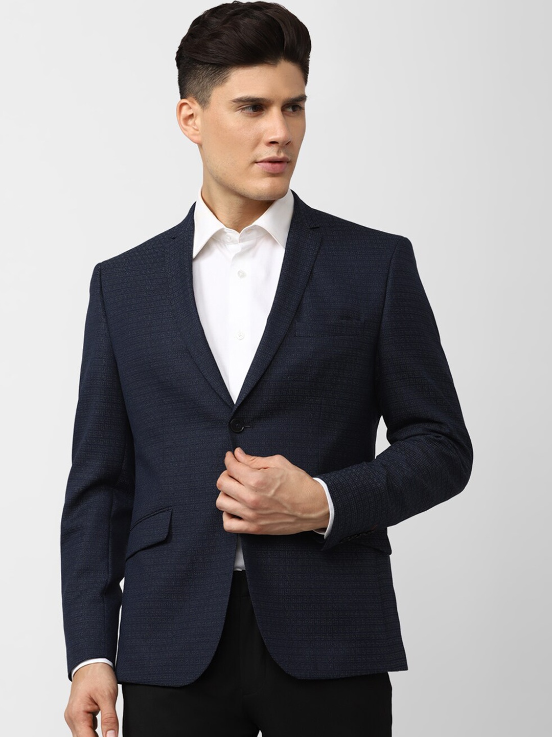 

V Dot Checked Slim-Fit Single-Breasted Formal Blazer, Navy blue