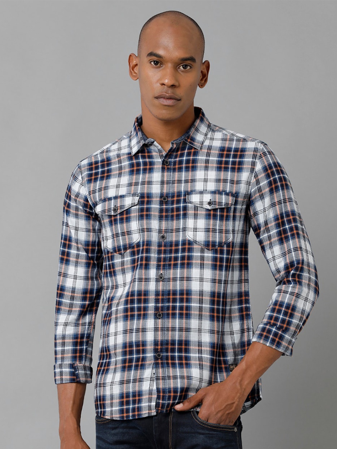 

Voi Jeans Slim Fit Tartan Checked Pure Cotton Casual Shirt, Navy blue