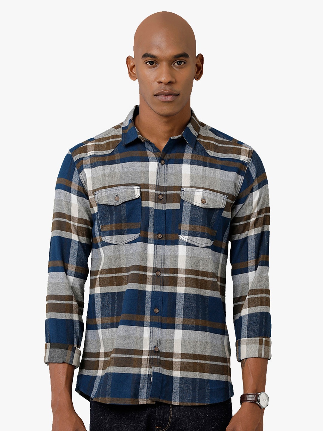 

Voi Jeans Slim Fit Shepherd Checked Pure Cotton Casual Shirt, Navy blue