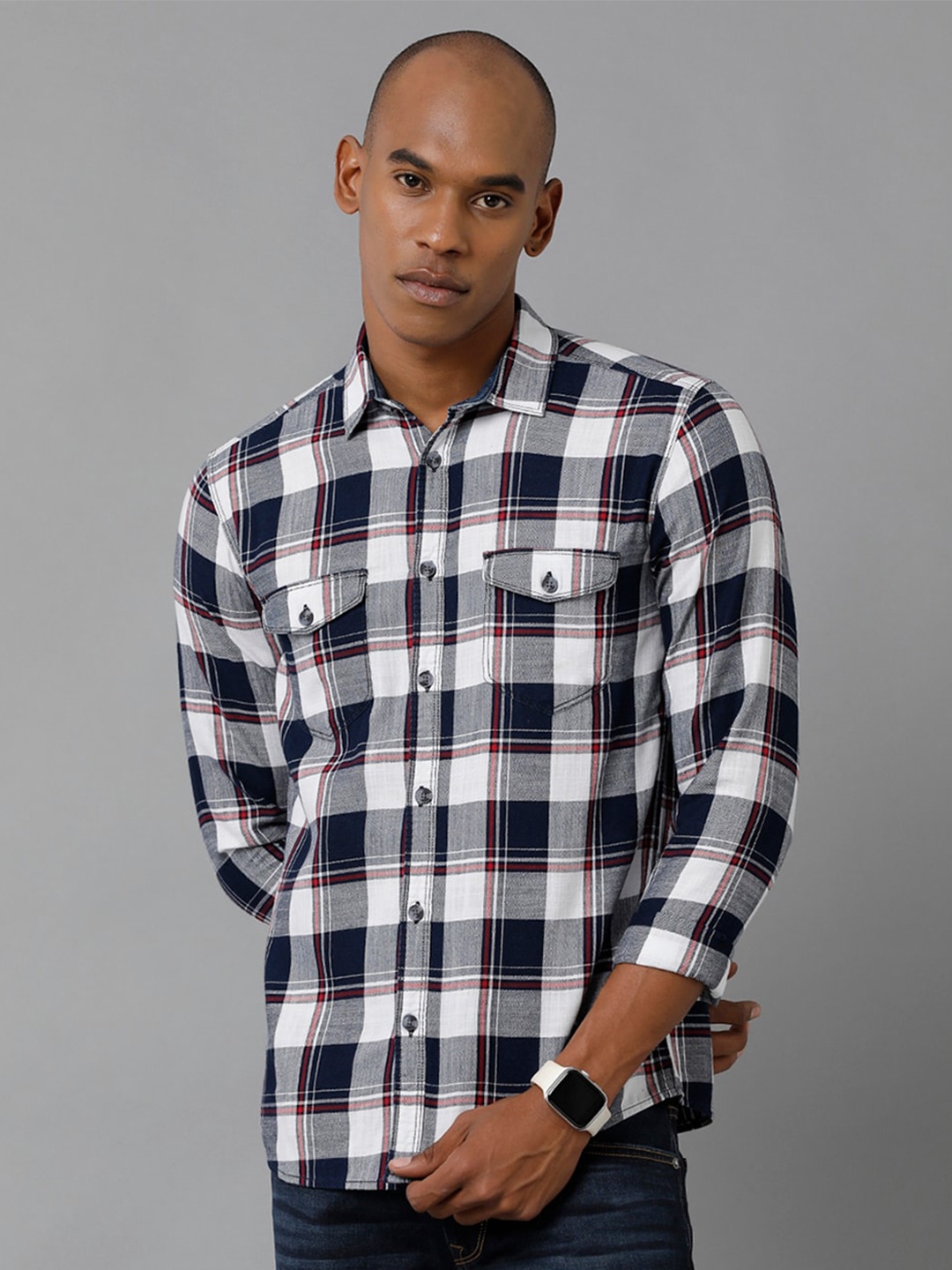 

Voi Jeans Slim Fit Tartan Checked Cotton Casual Shirt, Navy blue